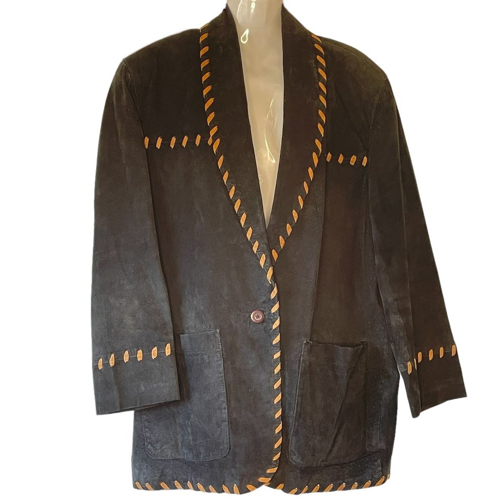Siena Studio Black Suede Blazer Western Style Leather Lacing Fully Lined Size M